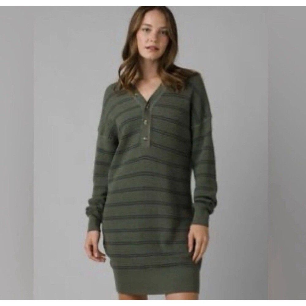 Prana Kale Stripe Milani Henley Waffle Knit Dress Sz Sm Granola Chic Preppy
